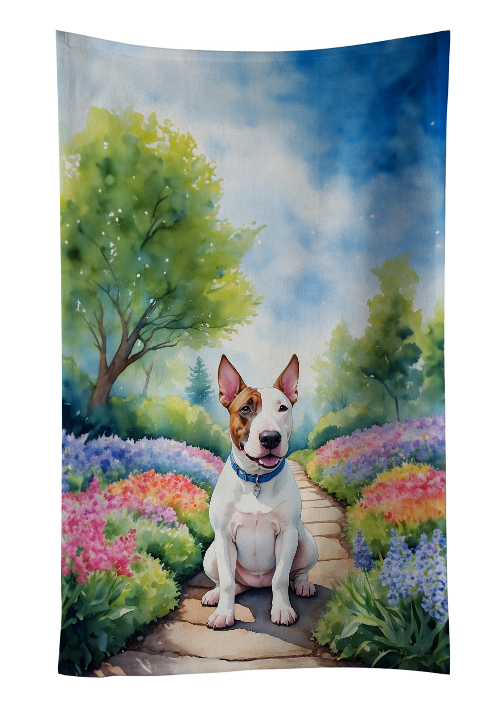 English Bull Terrier Spring Path Kitchen Towel Velour Plush Front and Cotton Loop Back Machine Washable