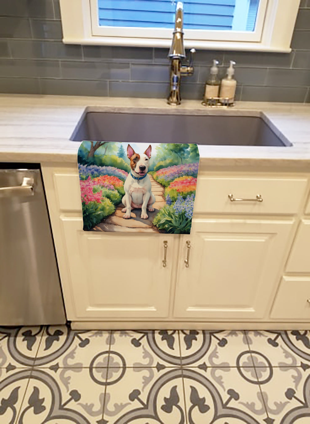 English Bull Terrier Spring Path Kitchen Towel Velour Plush Front and Cotton Loop Back Machine Washable