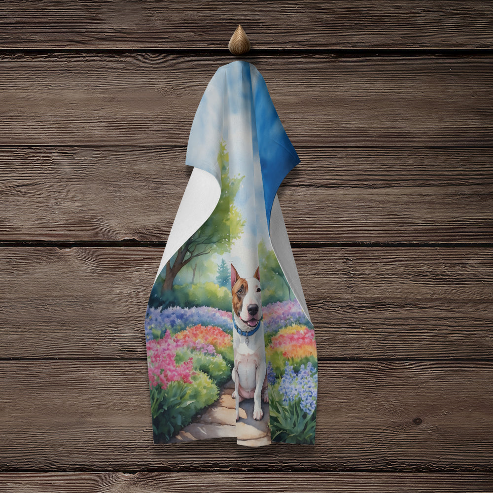 English Bull Terrier Spring Path Kitchen Towel Velour Plush Front and Cotton Loop Back Machine Washable