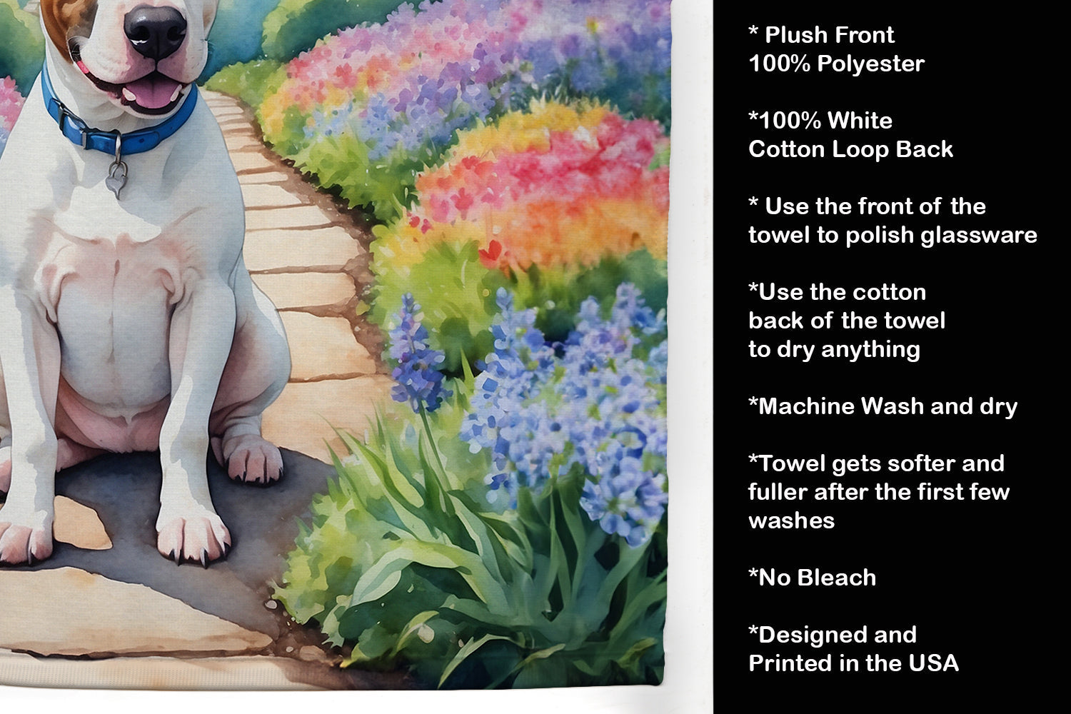 English Bull Terrier Spring Path Kitchen Towel Velour Plush Front and Cotton Loop Back Machine Washable