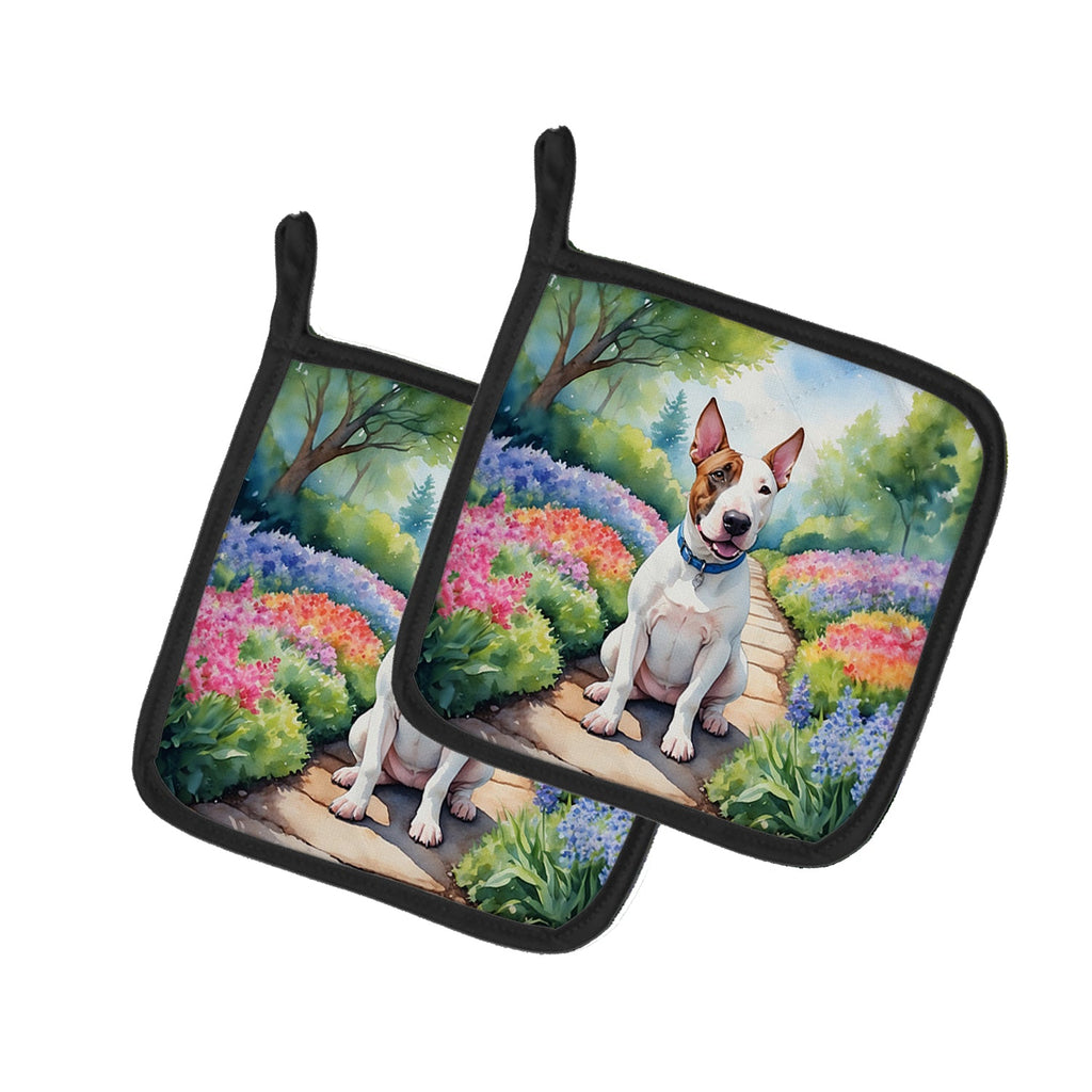 English Bull Terrier Spring Path Pot Holder Set of 2 Heat Resistant Quilted Hot Pads 7.5 x 7.5 Inch, Insulated Kitchen Trivets for Cooking & Baking