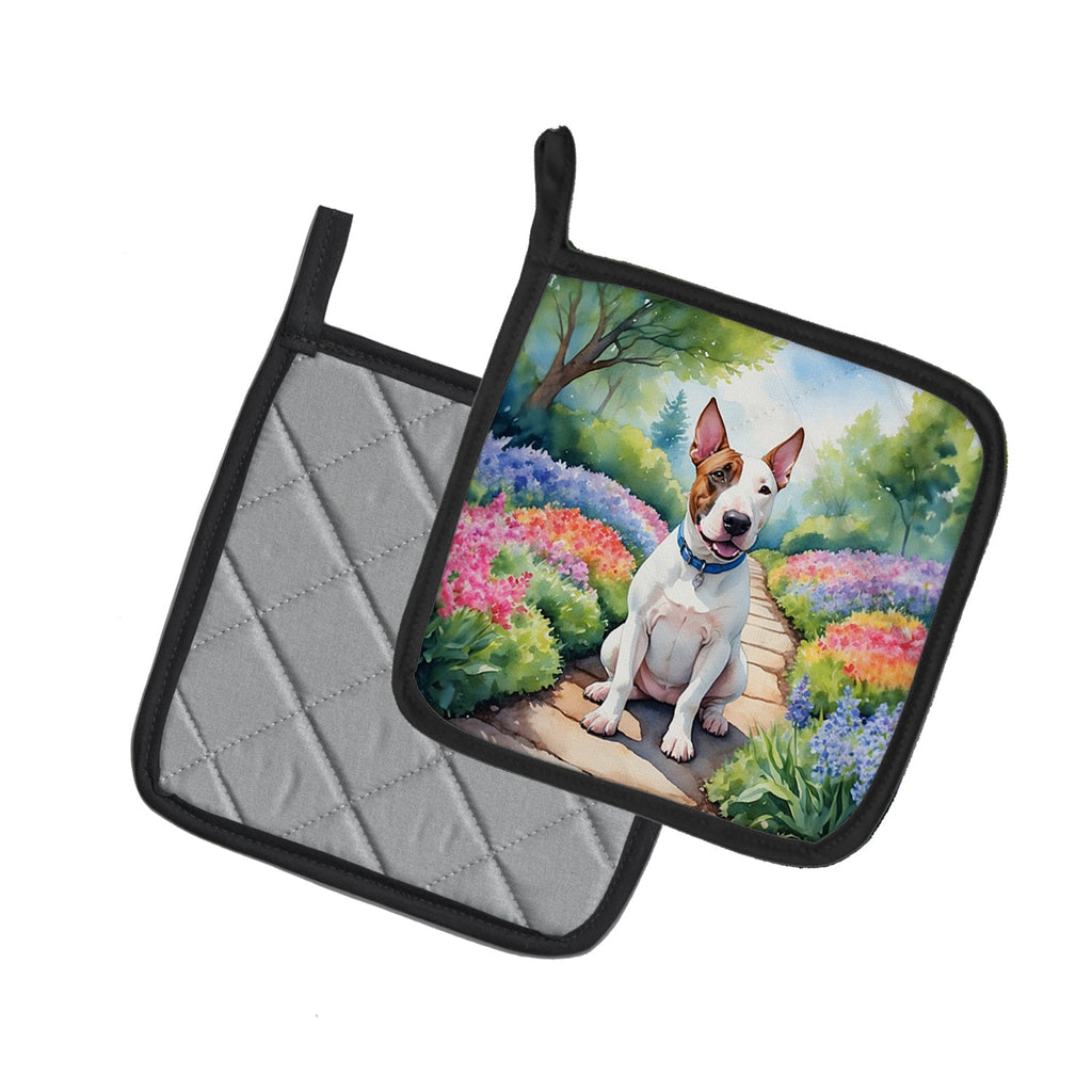 English Bull Terrier Spring Path Pot Holder Set of 2 Heat Resistant Quilted Hot Pads 7.5 x 7.5 Inch, Insulated Kitchen Trivets for Cooking & Baking