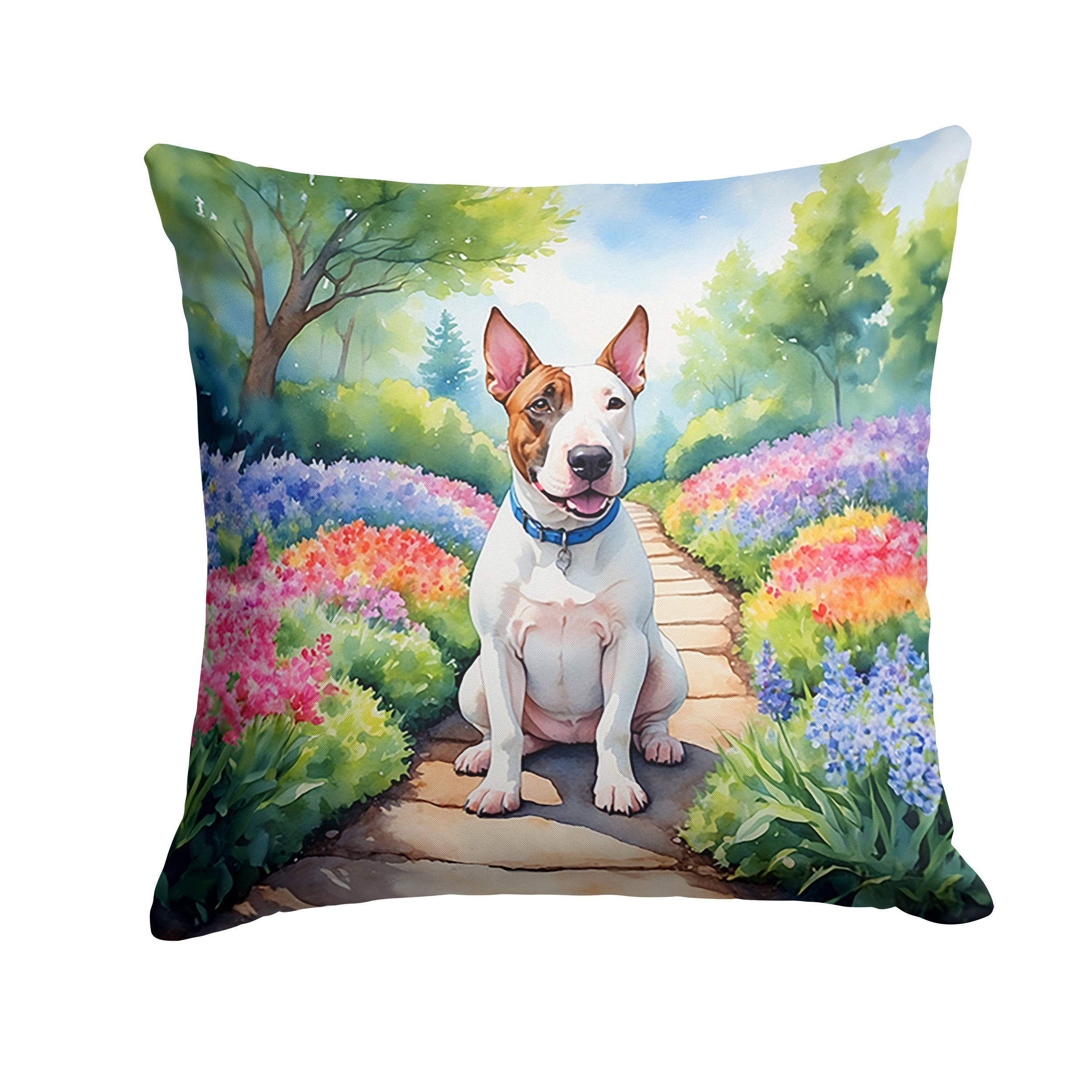 English Bull Terrier Spring Path Decorative Throw Pillow 18x18 Indoor Outdoor Accent Cushion, Fabric Cover with Insert for Sofa, Bed, Porch & Living Room
