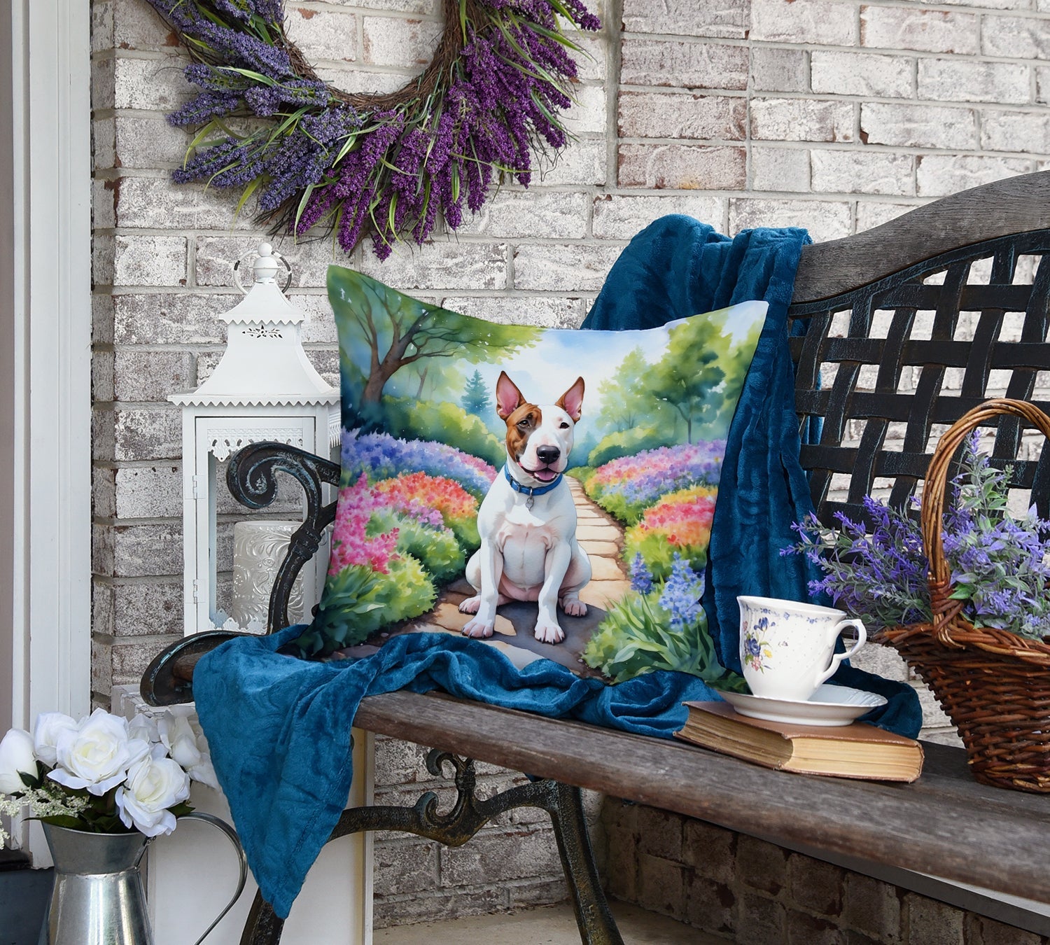 English Bull Terrier Spring Path Decorative Throw Pillow 18x18 Indoor Outdoor Accent Cushion, Fabric Cover with Insert for Sofa, Bed, Porch & Living Room