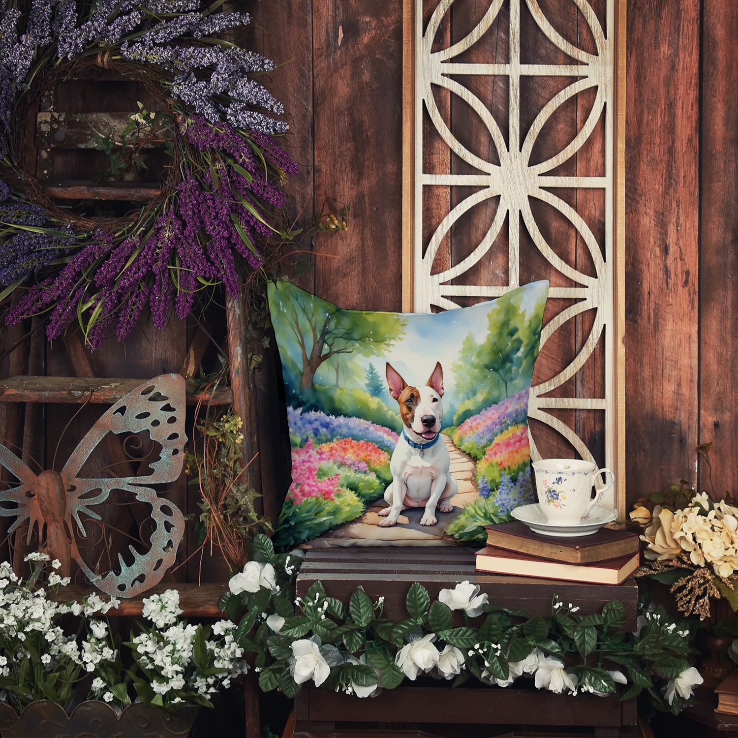 English Bull Terrier Spring Path Decorative Throw Pillow 18x18 Indoor Outdoor Accent Cushion, Fabric Cover with Insert for Sofa, Bed, Porch & Living Room