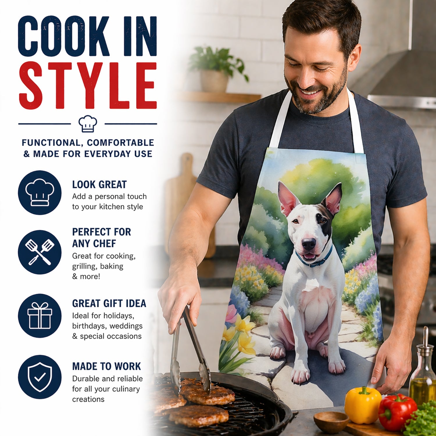 English Bull Terrier Spring Path Apron Cooking Kitchen Server Baking Crafts Gardening for Adult Women Men, Unisex, Large, Multicolor