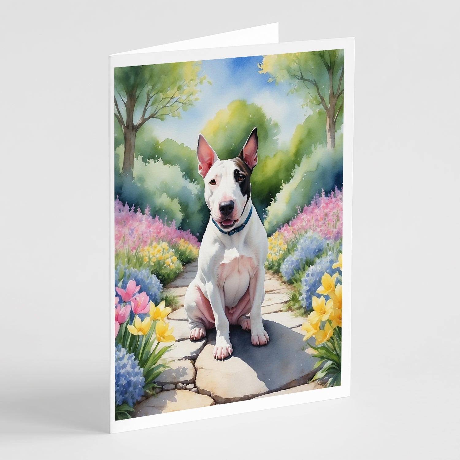 English Bull Terrier Spring Path Greeting Cards Pack of 8 Blank Cards with Envelopes Whimsical A7 Size 5x7