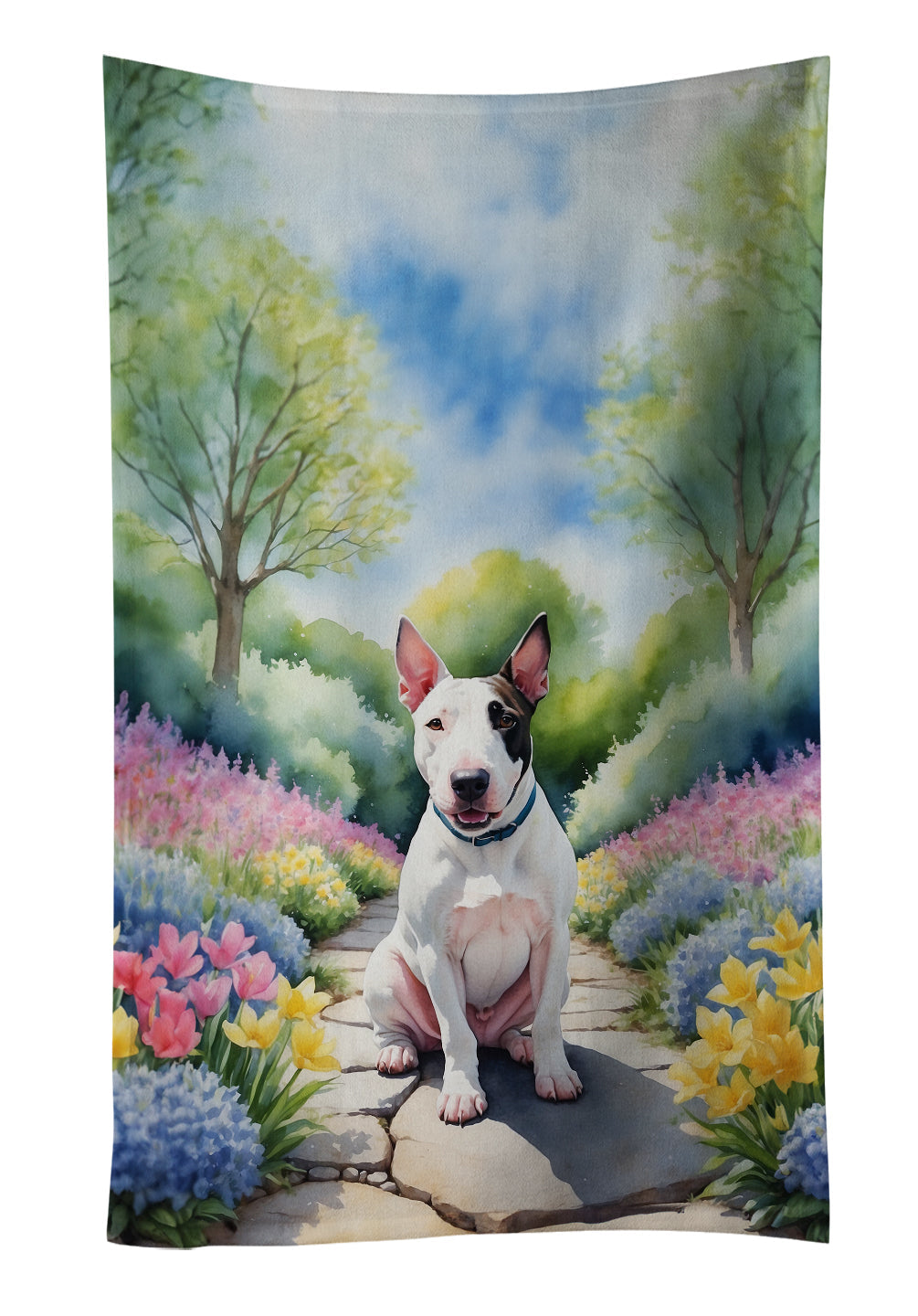 English Bull Terrier Spring Path Kitchen Towel Velour Plush Front and Cotton Loop Back Machine Washable