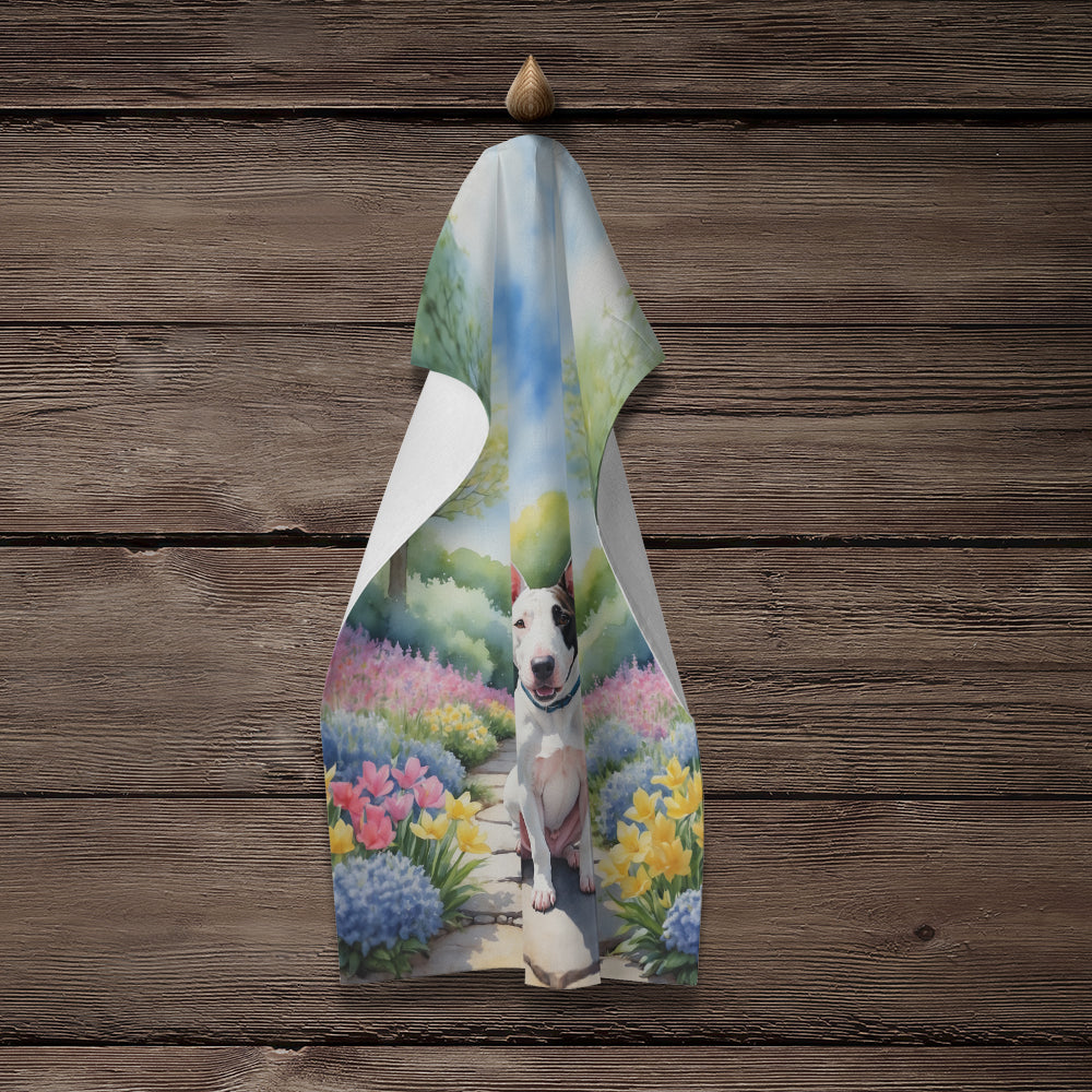 English Bull Terrier Spring Path Kitchen Towel Velour Plush Front and Cotton Loop Back Machine Washable
