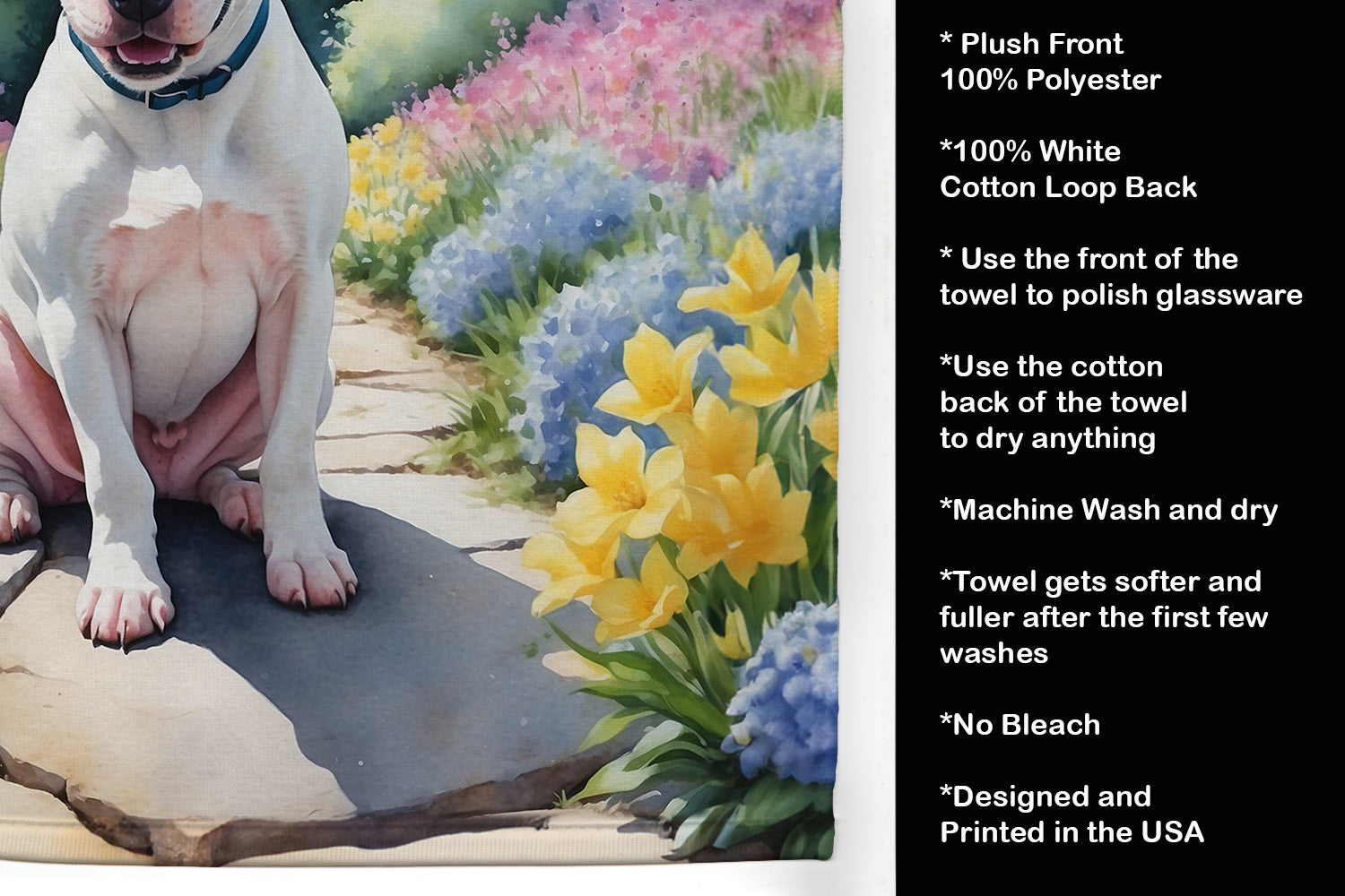 English Bull Terrier Spring Path Kitchen Towel Velour Plush Front and Cotton Loop Back Machine Washable