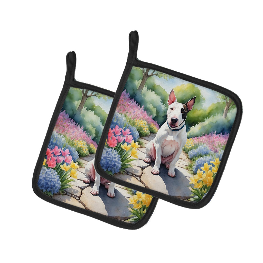 English Bull Terrier Spring Path Pot Holder Set of 2 Heat Resistant Quilted Hot Pads 7.5 x 7.5 Inch, Insulated Kitchen Trivets for Cooking & Baking