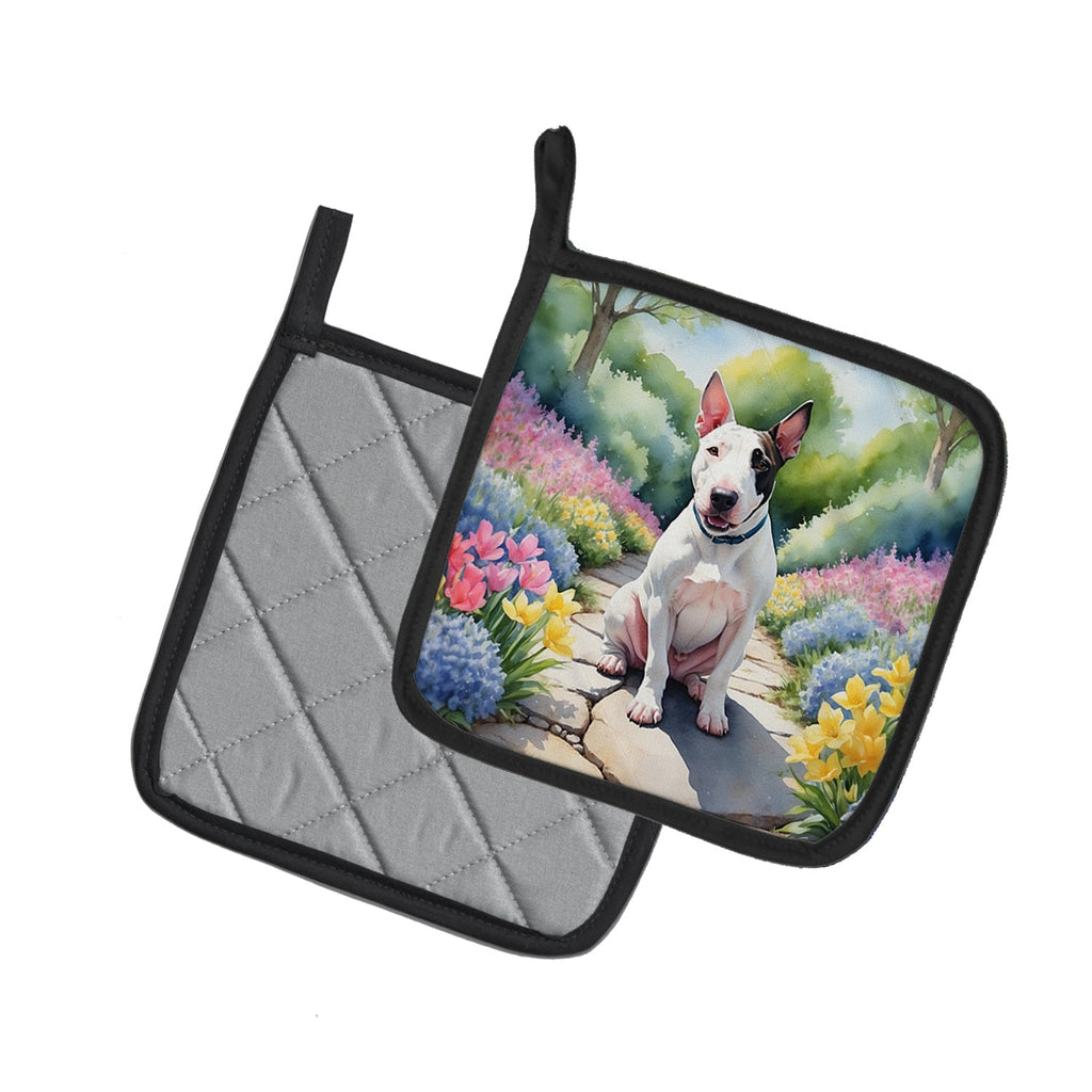 English Bull Terrier Spring Path Pot Holder Set of 2 Heat Resistant Quilted Hot Pads 7.5 x 7.5 Inch, Insulated Kitchen Trivets for Cooking & Baking