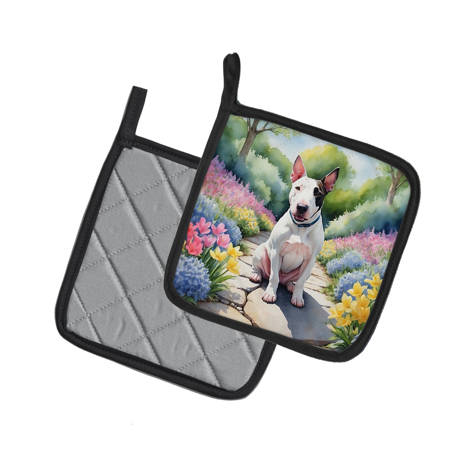 English Bull Terrier Spring Path Pot Holder Set of 2 Heat Resistant Quilted Hot Pads 7.5 x 7.5 Inch, Insulated Kitchen Trivets for Cooking & Baking