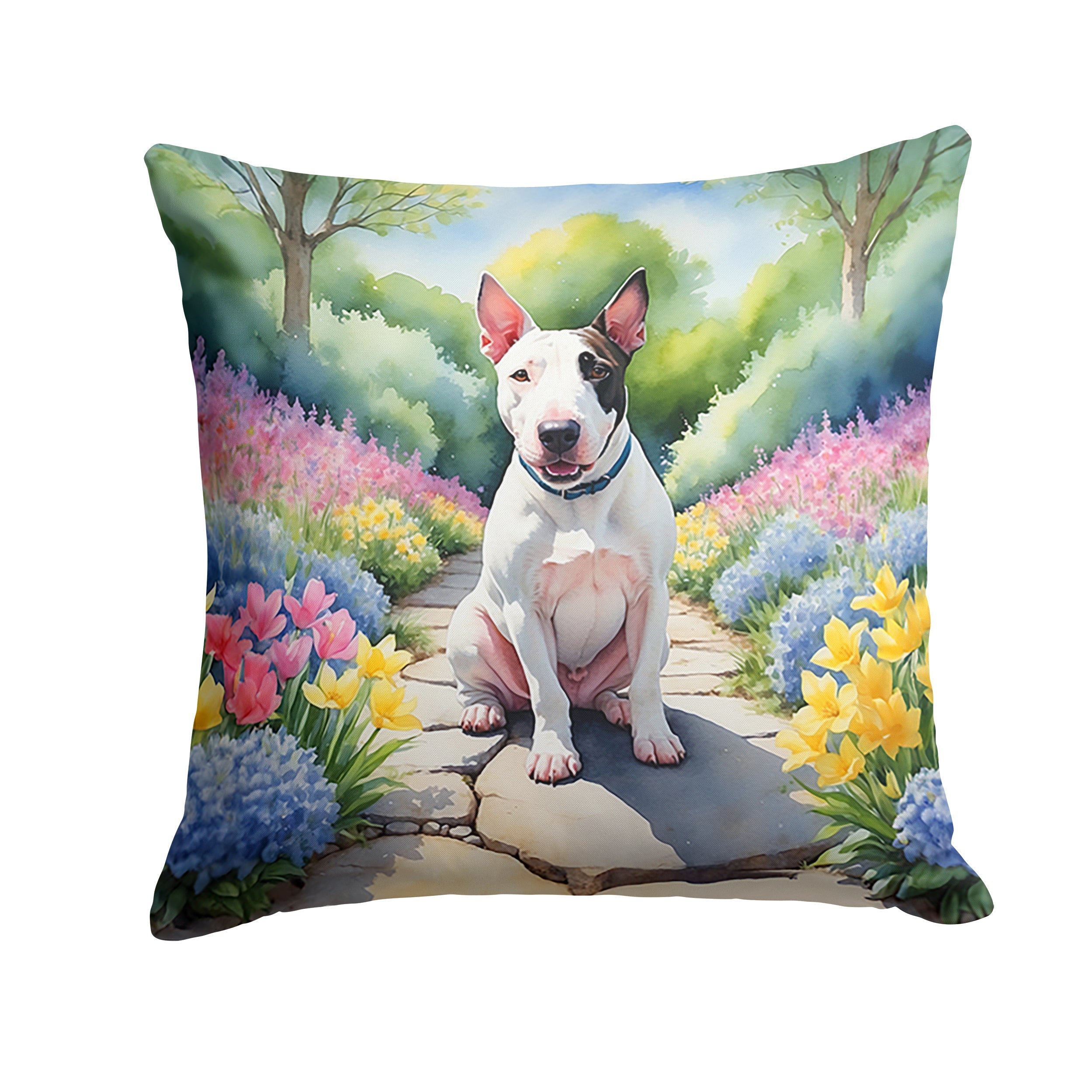 English Bull Terrier Spring Path Decorative Throw Pillow 18x18 Indoor Outdoor Accent Cushion, Fabric Cover with Insert for Sofa, Bed, Porch & Living Room