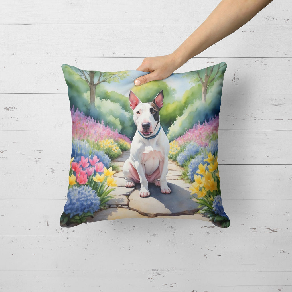 English Bull Terrier Spring Path Decorative Throw Pillow 18x18 Indoor Outdoor Accent Cushion, Fabric Cover with Insert for Sofa, Bed, Porch & Living Room