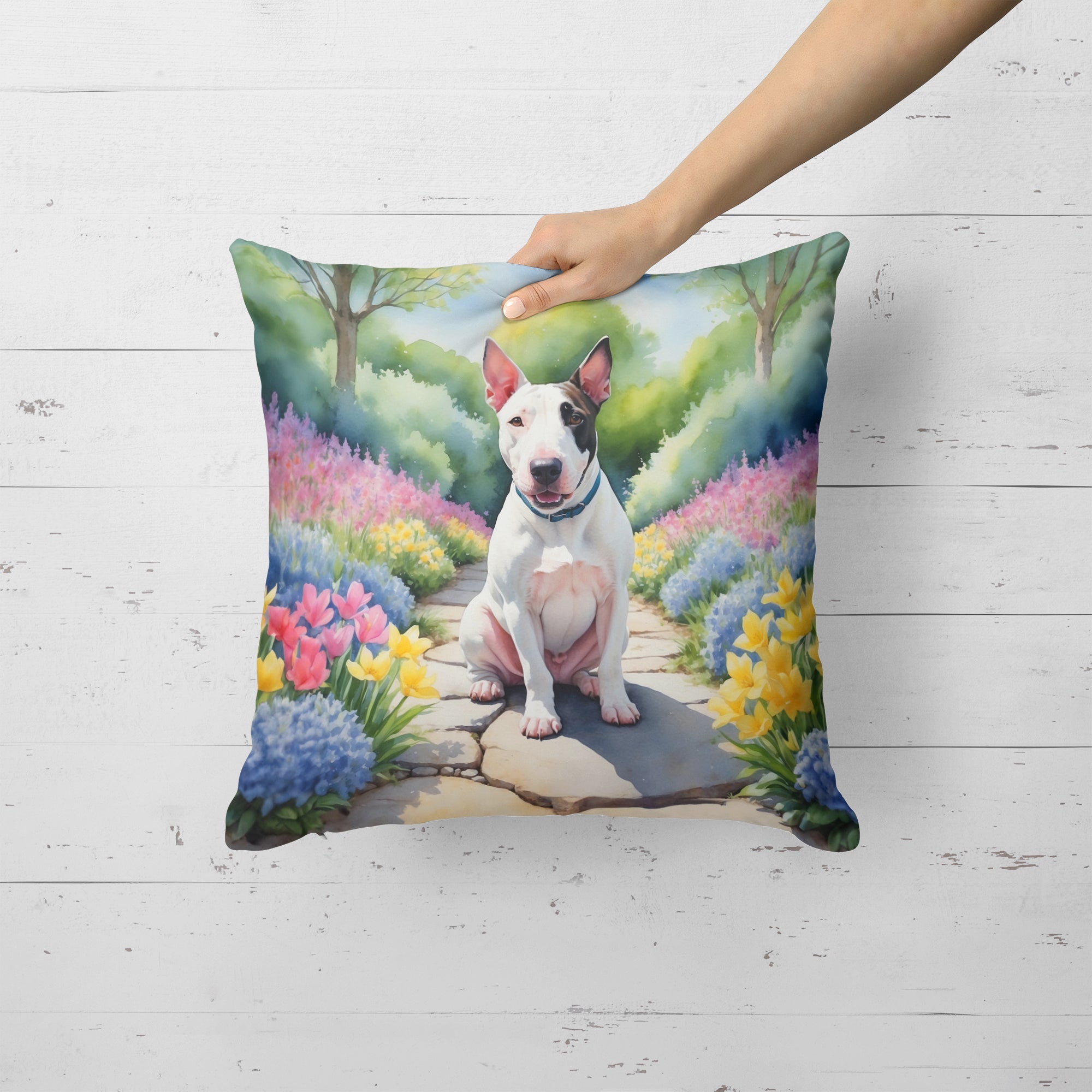 English Bull Terrier Spring Path Decorative Throw Pillow 18x18 Indoor Outdoor Accent Cushion, Fabric Cover with Insert for Sofa, Bed, Porch & Living Room