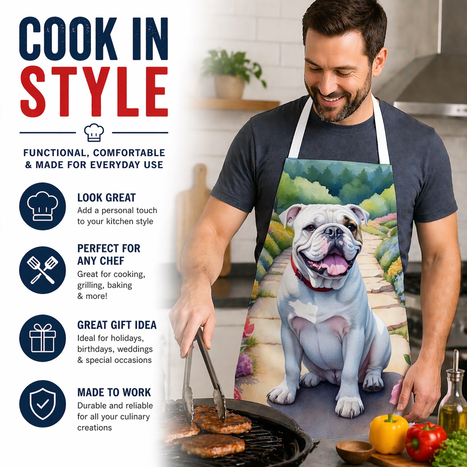 English Bulldog Spring Path Apron Cooking Kitchen Server Baking Crafts Gardening for Adult Women Men, Unisex, Large, Multicolor