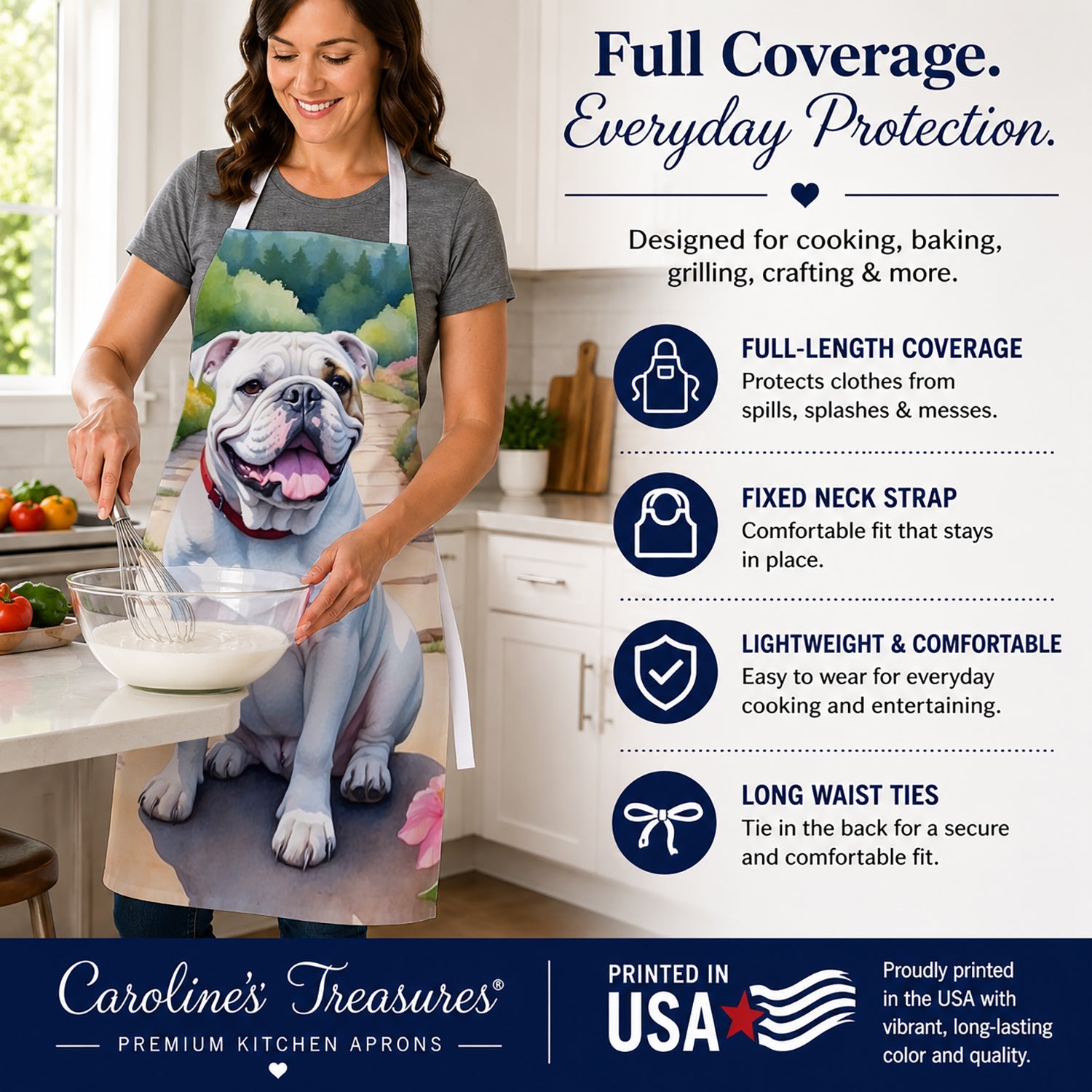 English Bulldog Spring Path Apron Cooking Kitchen Server Baking Crafts Gardening for Adult Women Men, Unisex, Large, Multicolor