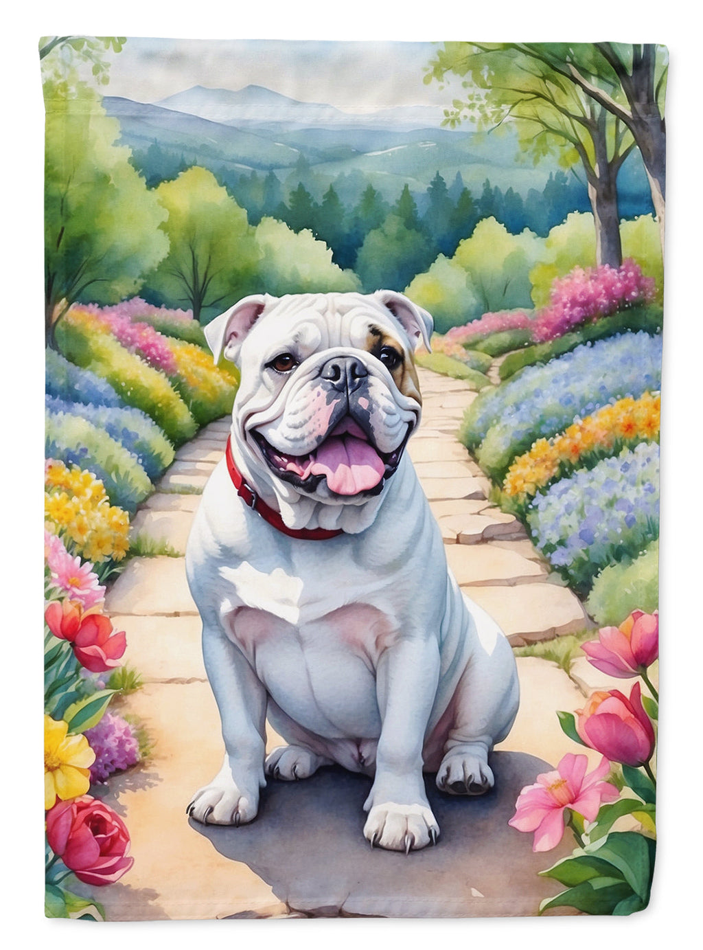 English Bulldog Spring Path House Flag 28x40 Porch Sleeve Pole Decorative Outside Yard Banner Artwork Wall Hanging, Polyester