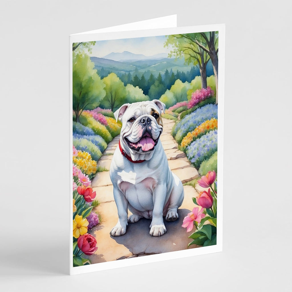 English Bulldog Spring Path Greeting Cards Pack of 8 Blank Cards with Envelopes Whimsical A7 Size 5x7