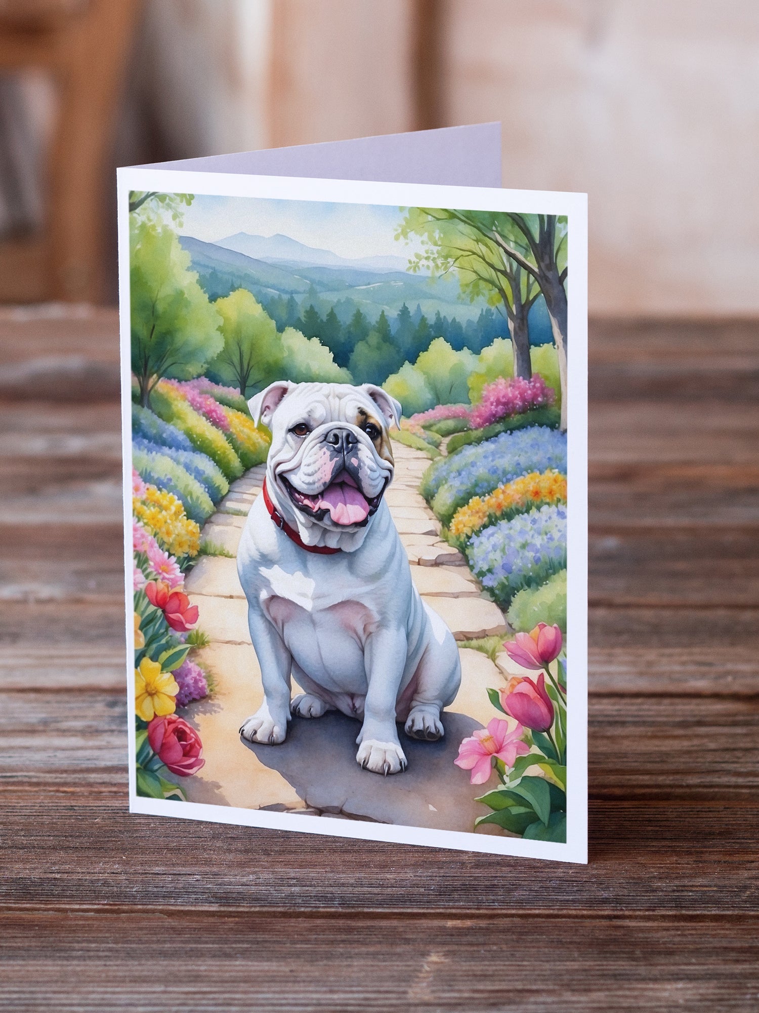 English Bulldog Spring Path Greeting Cards Pack of 8 Blank Cards with Envelopes Whimsical A7 Size 5x7