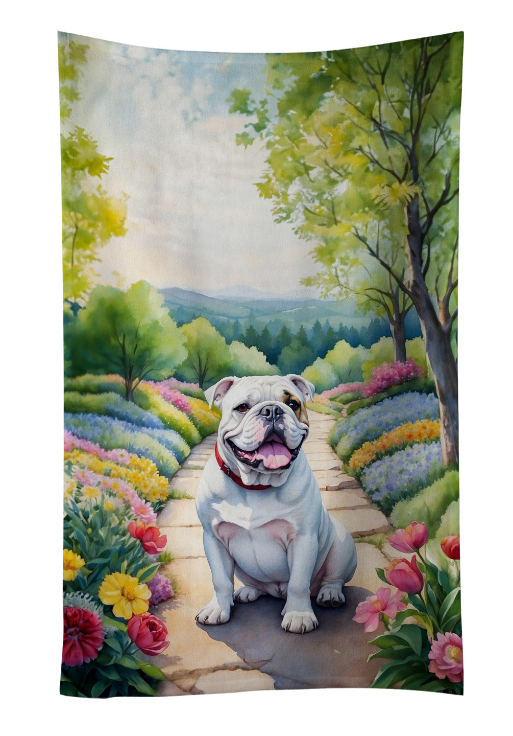English Bulldog Spring Path Kitchen Towel Velour Plush Front and Cotton Loop Back Machine Washable