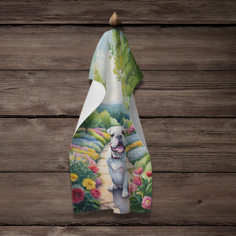 English Bulldog Spring Path Kitchen Towel Velour Plush Front and Cotton Loop Back Machine Washable