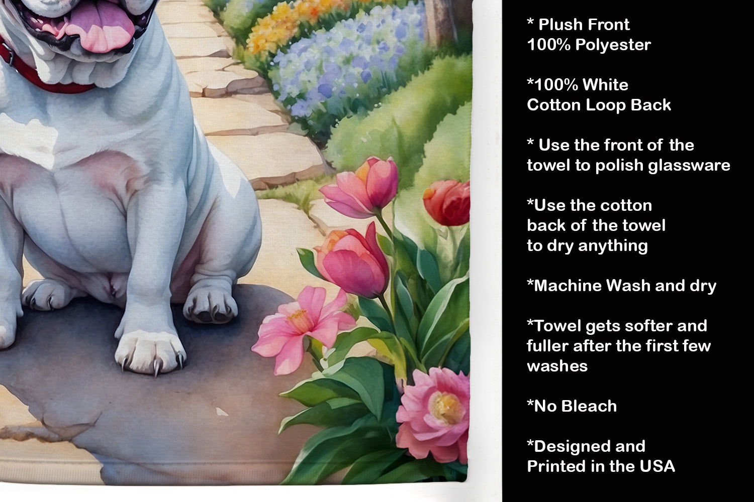 English Bulldog Spring Path Kitchen Towel Velour Plush Front and Cotton Loop Back Machine Washable