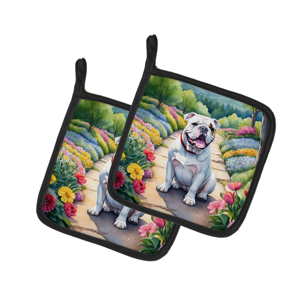 English Bulldog Spring Path Pot Holder Set of 2 Heat Resistant Quilted Hot Pads 7.5 x 7.5 Inch, Insulated Kitchen Trivets for Cooking & Baking
