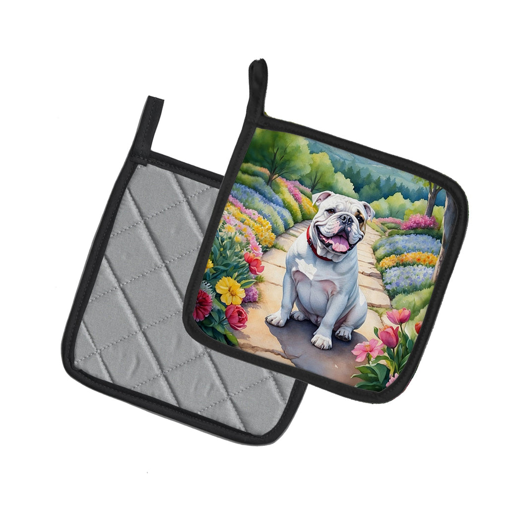 English Bulldog Spring Path Pot Holder Set of 2 Heat Resistant Quilted Hot Pads 7.5 x 7.5 Inch, Insulated Kitchen Trivets for Cooking & Baking