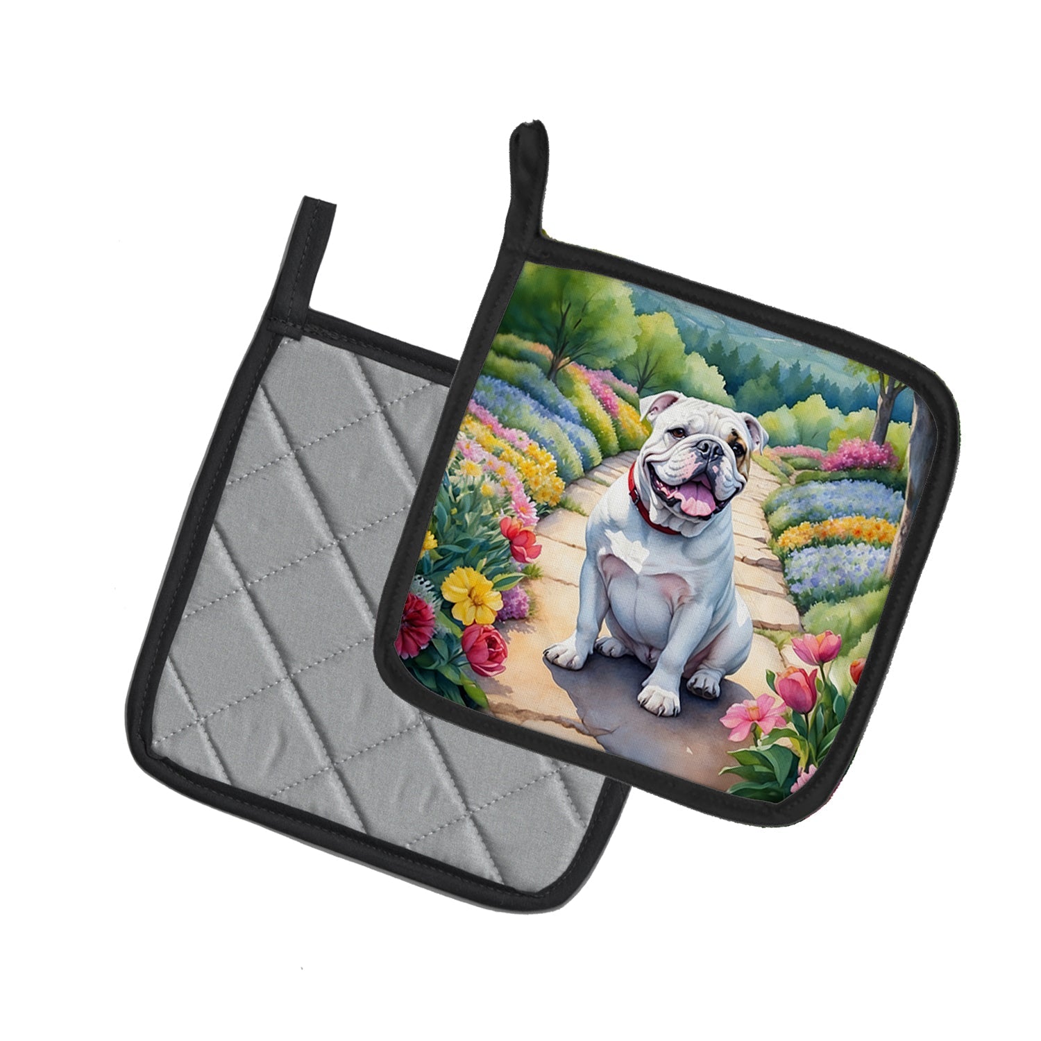 English Bulldog Spring Path Pot Holder Set of 2 Heat Resistant Quilted Hot Pads 7.5 x 7.5 Inch, Insulated Kitchen Trivets for Cooking & Baking