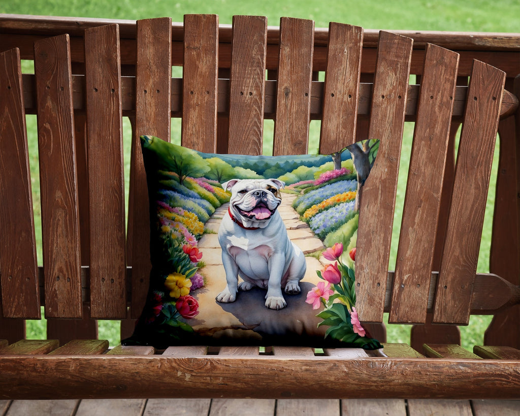 English Bulldog Spring Path Decorative Throw Pillow 14x14 Indoor Outdoor Accent Cushion, Fabric Cover with Insert for Sofa, Bed, Porch & Living Room