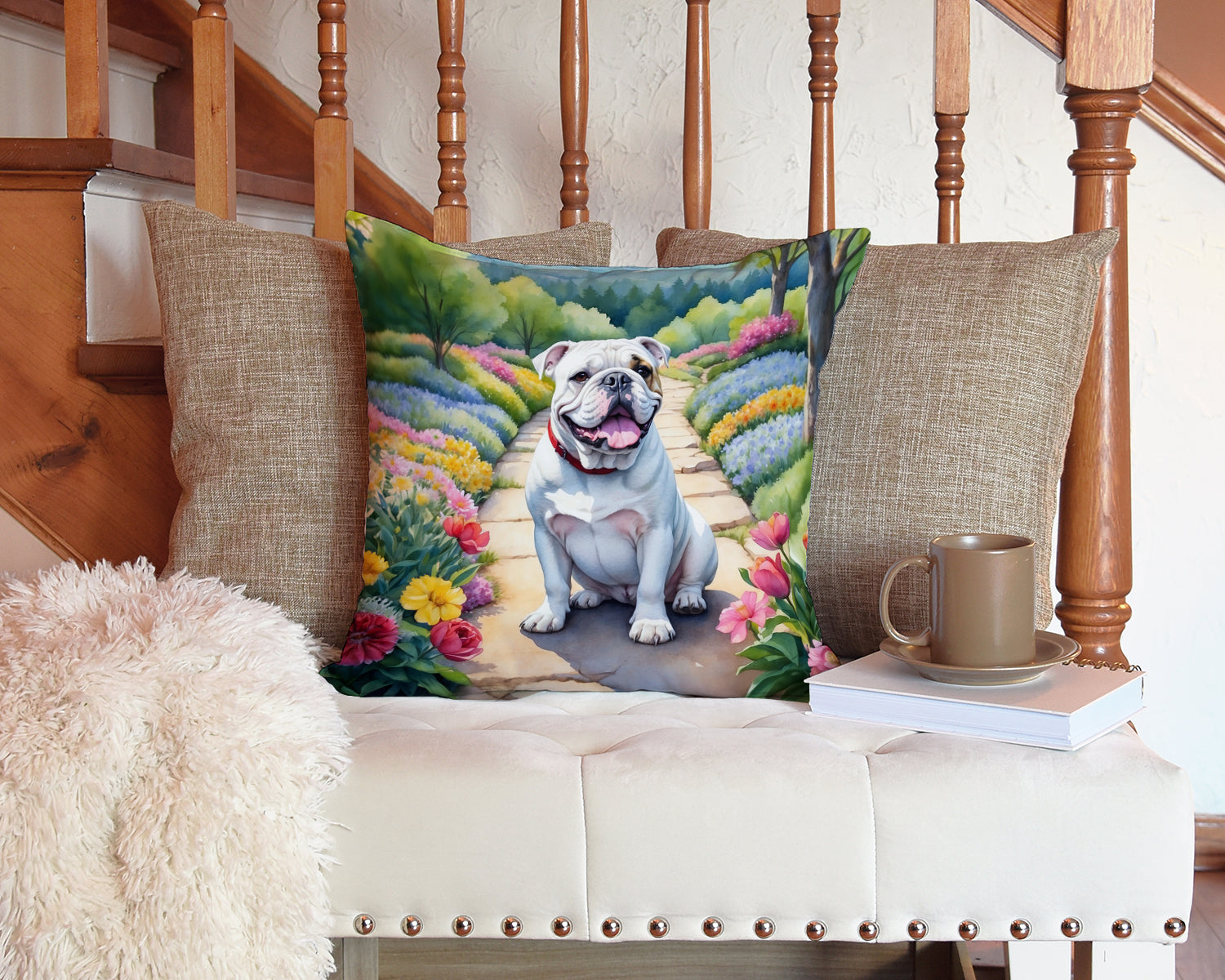 English Bulldog Spring Path Decorative Throw Pillow 14x14 Indoor Outdoor Accent Cushion, Fabric Cover with Insert for Sofa, Bed, Porch & Living Room