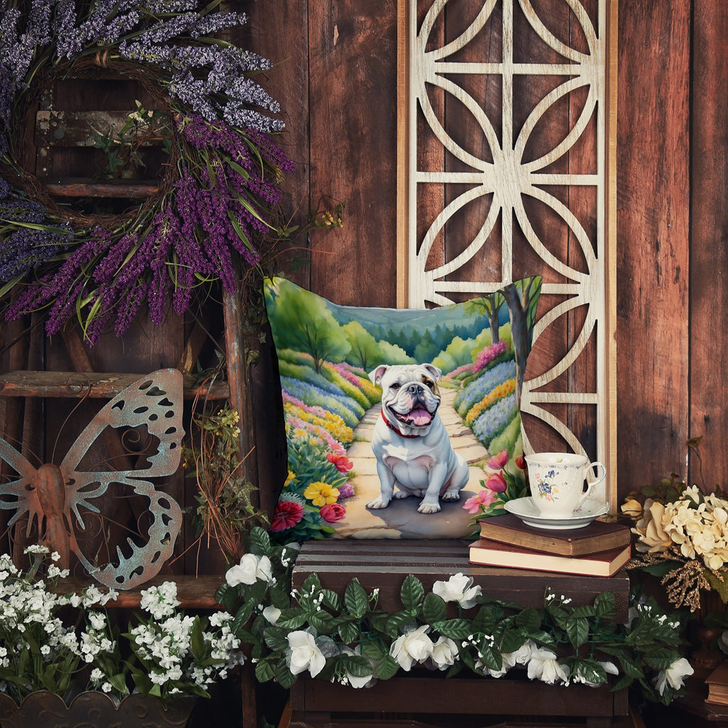 English Bulldog Spring Path Decorative Throw Pillow 14x14 Indoor Outdoor Accent Cushion, Fabric Cover with Insert for Sofa, Bed, Porch & Living Room