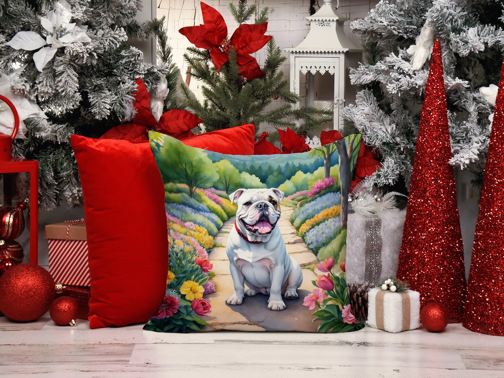 English Bulldog Spring Path Decorative Throw Pillow 14x14 Indoor Outdoor Accent Cushion, Fabric Cover with Insert for Sofa, Bed, Porch & Living Room