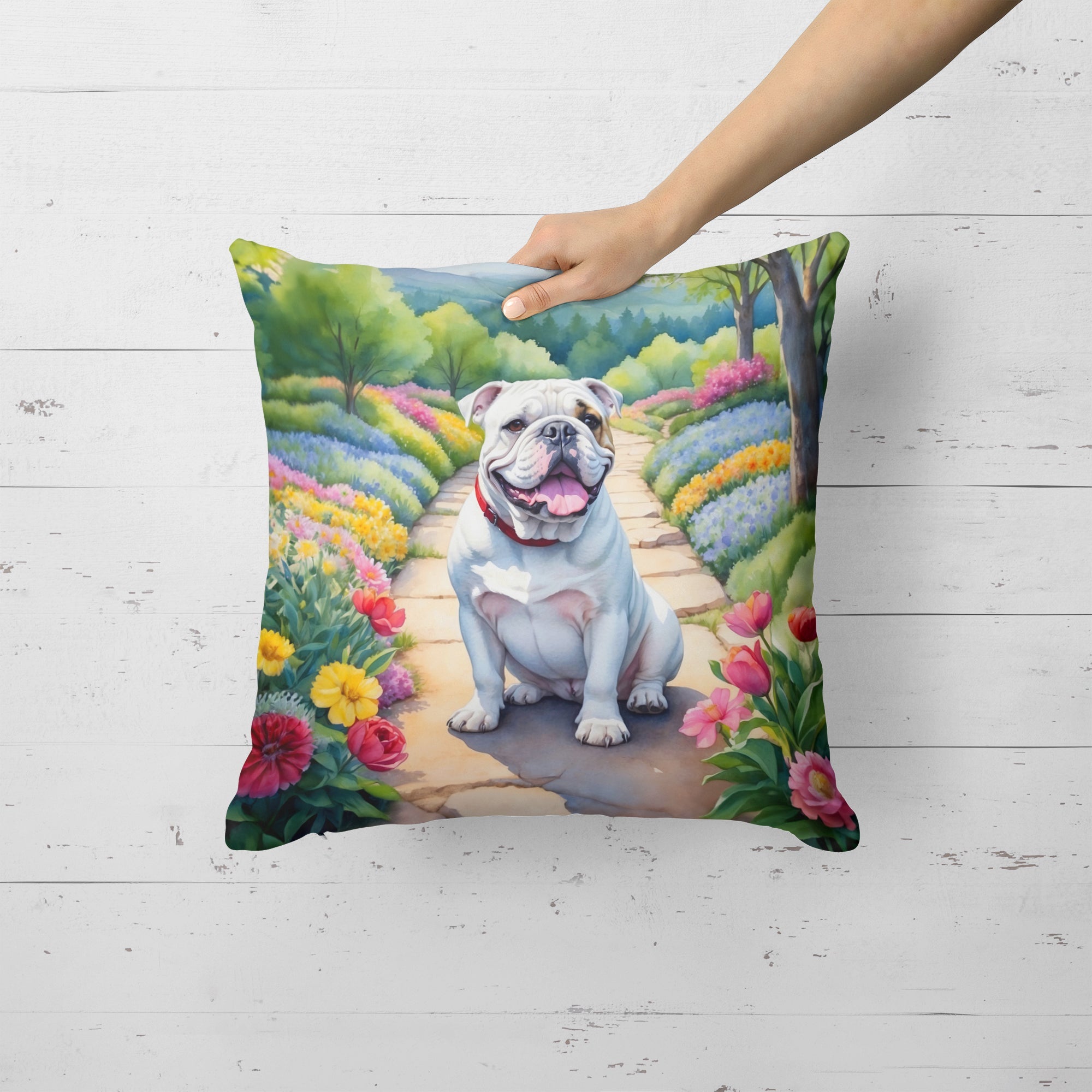 English Bulldog Spring Path Decorative Throw Pillow 18x18 Indoor Outdoor Accent Cushion, Fabric Cover with Insert for Sofa, Bed, Porch & Living Room