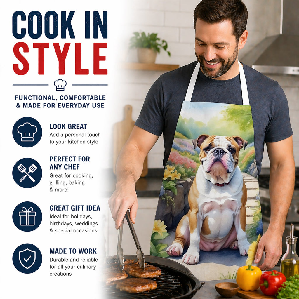 English Bulldog Spring Path Apron Cooking Kitchen Server Baking Crafts Gardening for Adult Women Men, Unisex, Large, Multicolor