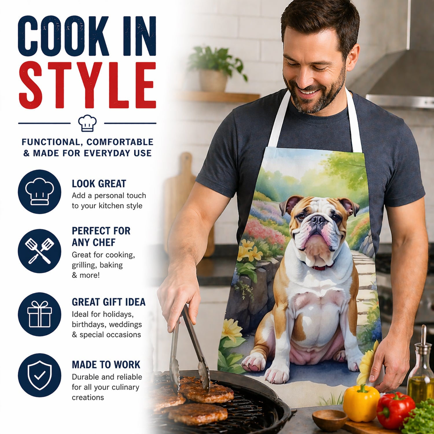 English Bulldog Spring Path Apron Cooking Kitchen Server Baking Crafts Gardening for Adult Women Men, Unisex, Large, Multicolor