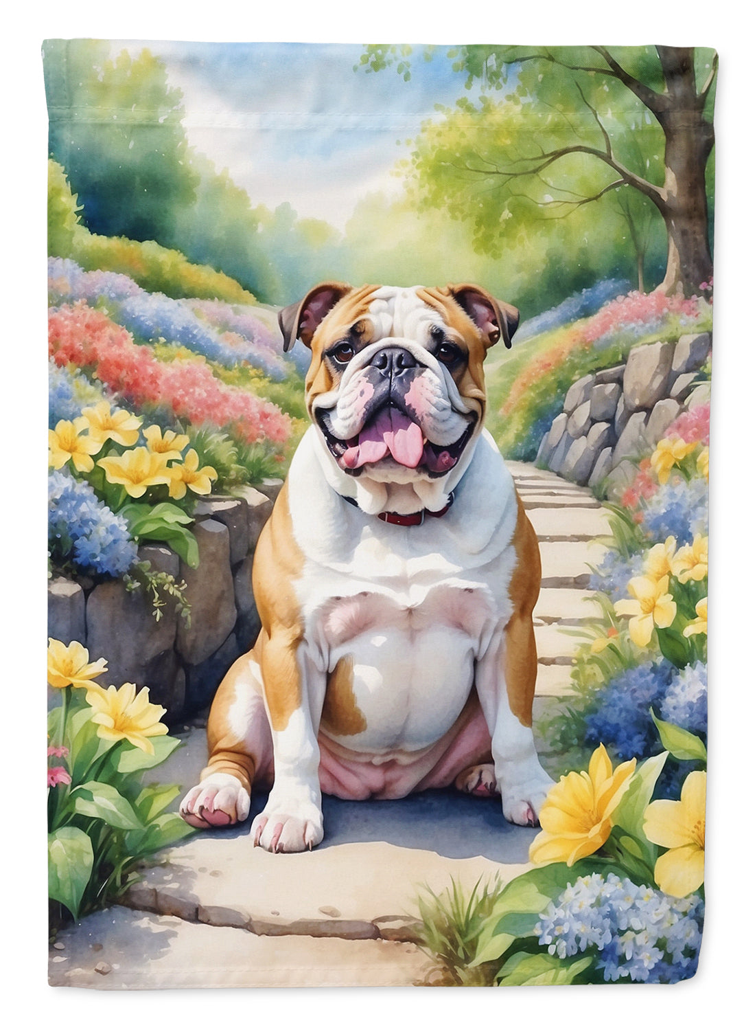 English Bulldog Spring Path House Flag 28x40 Porch Sleeve Pole Decorative Outside Yard Banner Artwork Wall Hanging, Polyester