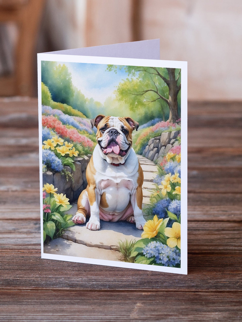 English Bulldog Spring Path Greeting Cards Pack of 8 Blank Cards with Envelopes Whimsical A7 Size 5x7