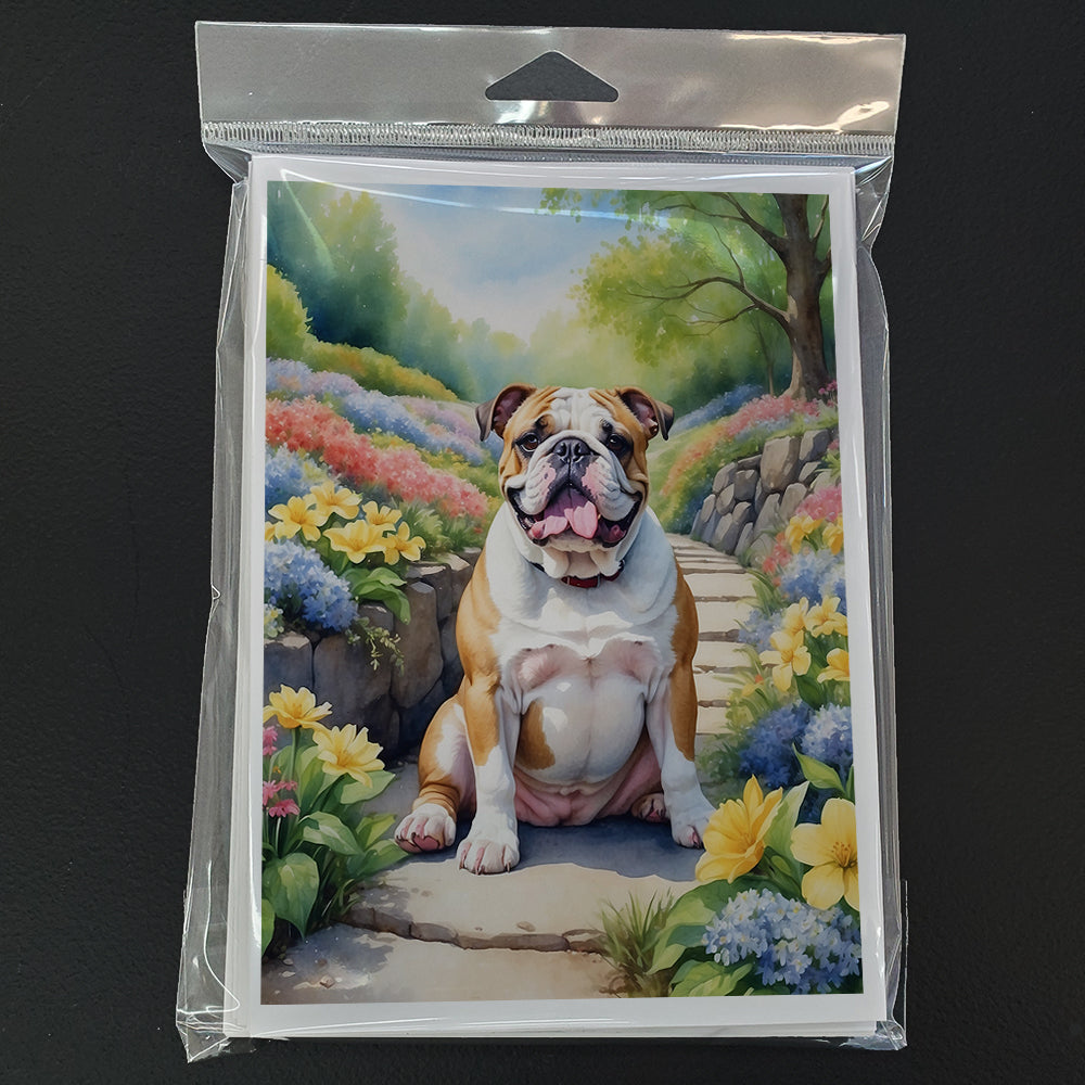 English Bulldog Spring Path Greeting Cards Pack of 8 Blank Cards with Envelopes Whimsical A7 Size 5x7