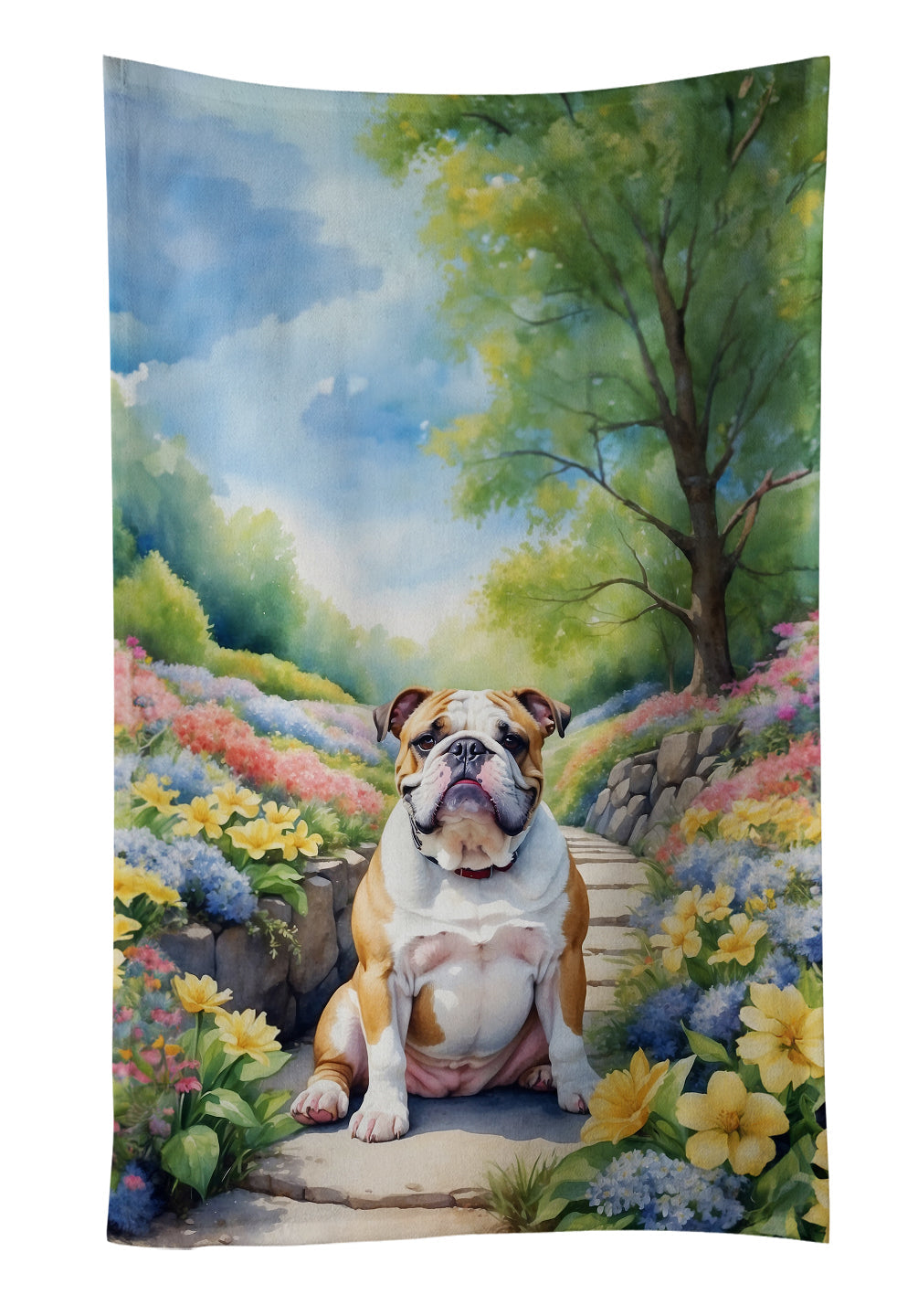 English Bulldog Spring Path Kitchen Towel Velour Plush Front and Cotton Loop Back Machine Washable