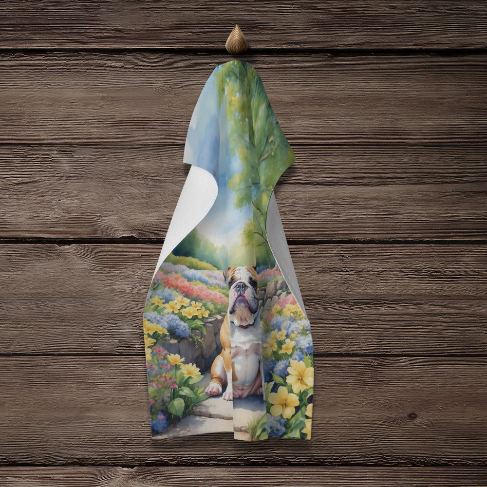 English Bulldog Spring Path Kitchen Towel Velour Plush Front and Cotton Loop Back Machine Washable