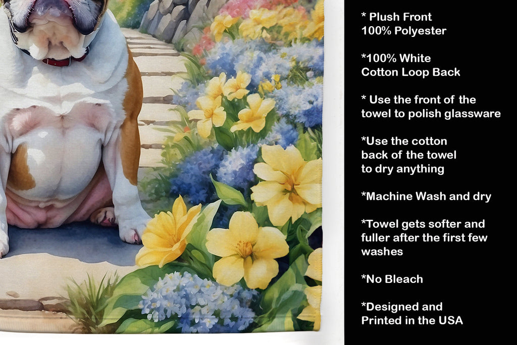 English Bulldog Spring Path Kitchen Towel Velour Plush Front and Cotton Loop Back Machine Washable