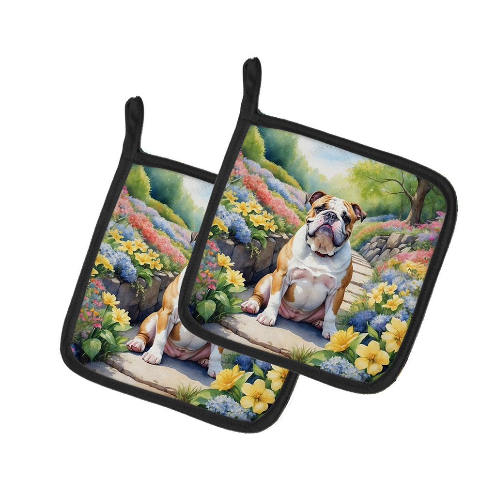English Bulldog Spring Path Pot Holder Set of 2 Heat Resistant Quilted Hot Pads 7.5 x 7.5 Inch, Insulated Kitchen Trivets for Cooking & Baking
