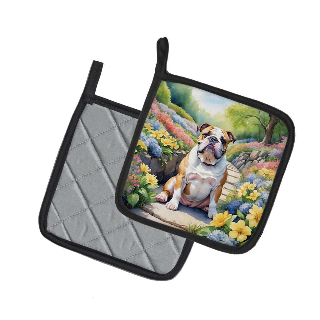 English Bulldog Spring Path Pot Holder Set of 2 Heat Resistant Quilted Hot Pads 7.5 x 7.5 Inch, Insulated Kitchen Trivets for Cooking & Baking
