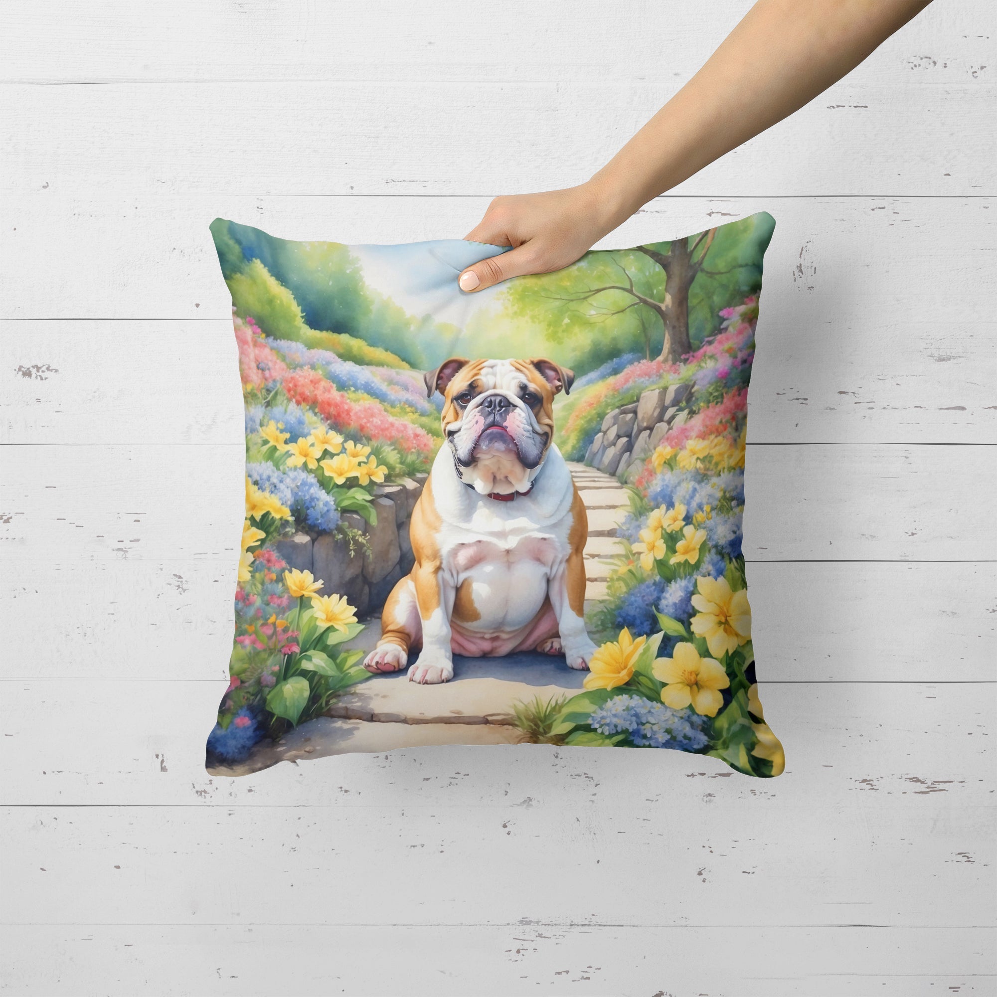 English Bulldog Spring Path Decorative Throw Pillow 18x18 Indoor Outdoor Accent Cushion, Fabric Cover with Insert for Sofa, Bed, Porch & Living Room