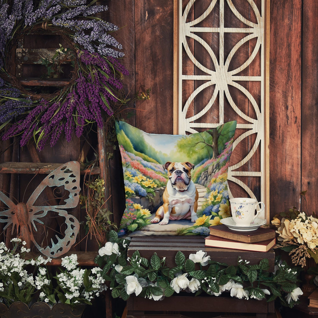English Bulldog Spring Path Decorative Throw Pillow 18x18 Indoor Outdoor Accent Cushion, Fabric Cover with Insert for Sofa, Bed, Porch & Living Room