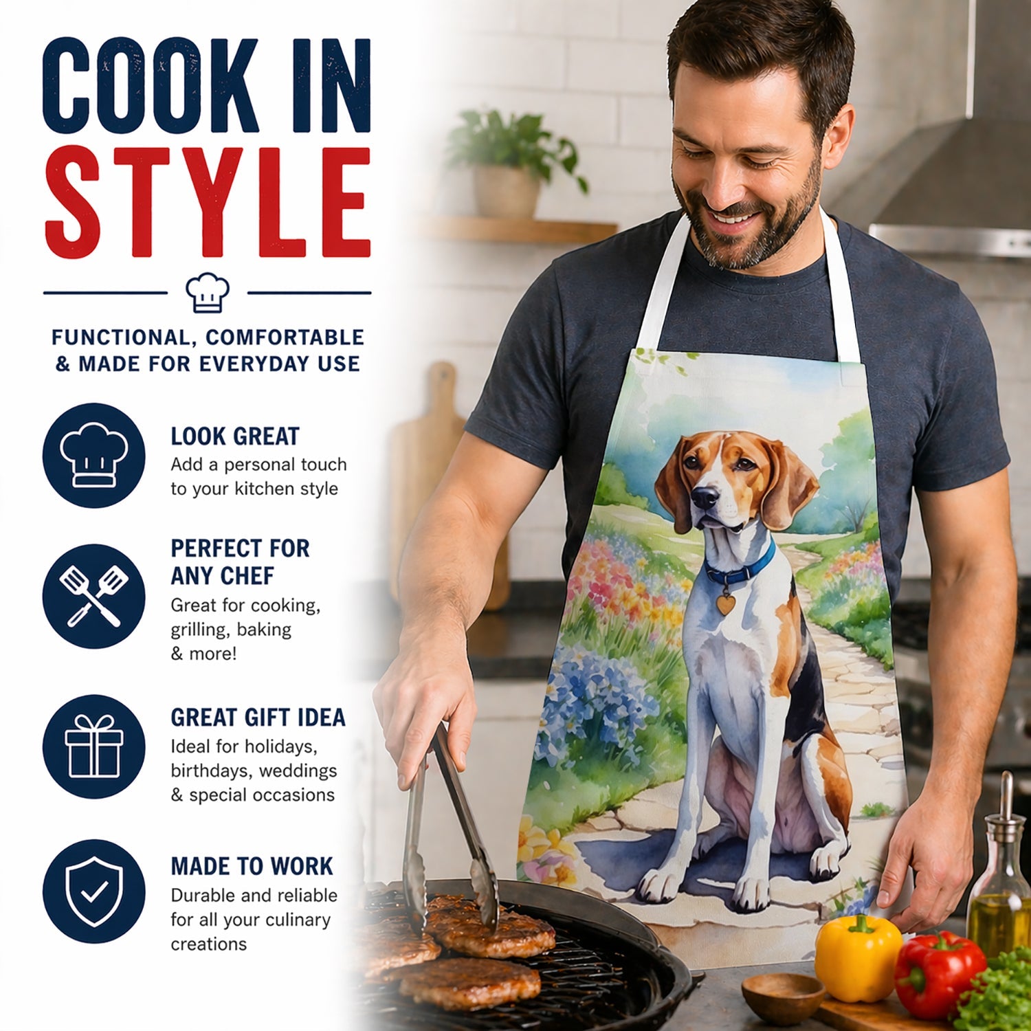 English Foxhound Spring Path Apron Cooking Kitchen Server Baking Crafts Gardening for Adult Women Men, Unisex, Large, Multicolor