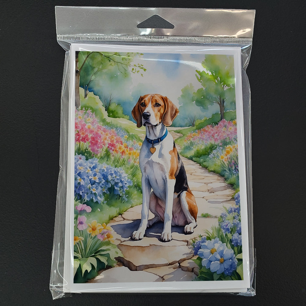 English Foxhound Spring Path Greeting Cards Pack of 8 Blank Cards with Envelopes Whimsical A7 Size 5x7